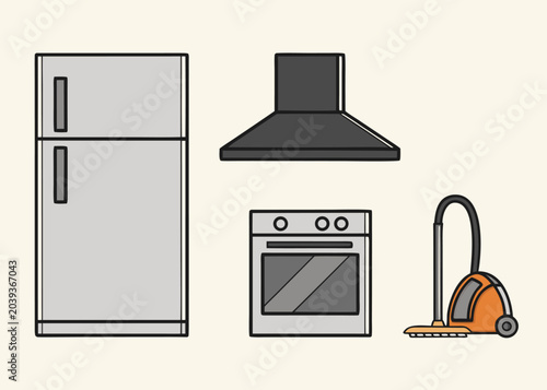 Four domestic appliances including a grey refrigerator and an oven.