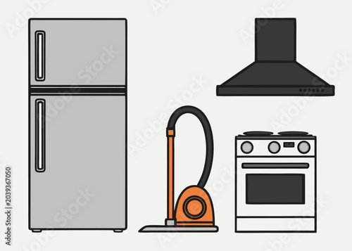 Household appliances including a refrigerator stove and vacuum.