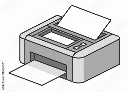 An isometric grey office printer with white paper sheets.