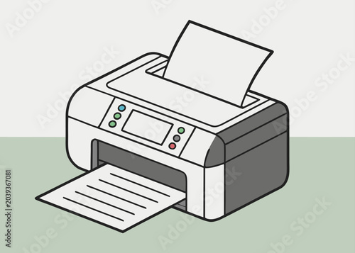 A white and grey office printer sitting on a light green desk.