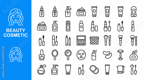 Diverse beauty cosmetics icons set featuring bottles, tubes, jars and tools for branding, design and product visuals