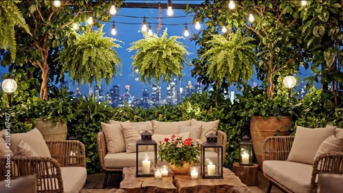 Rooftop Green Lounge with Cozy Evening Mood