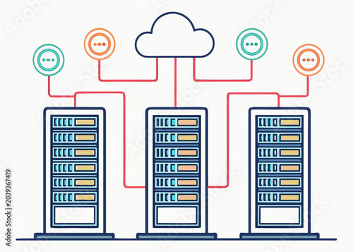 Modern data centers connected to cloud storage with network servers illustration