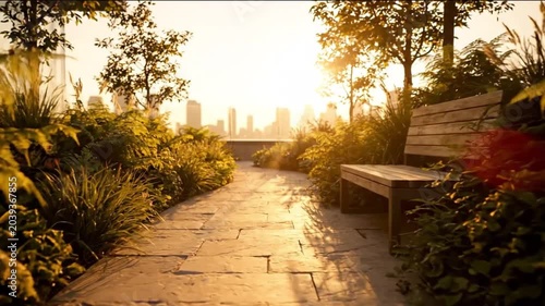 Rooftop Garden Pathway with Golden Hour Shadows