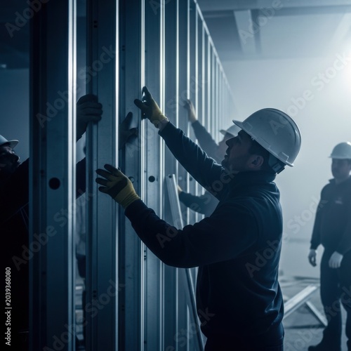 Construction Crew Assembling Interior Metal Studs for New Wall in a Modern Building Space