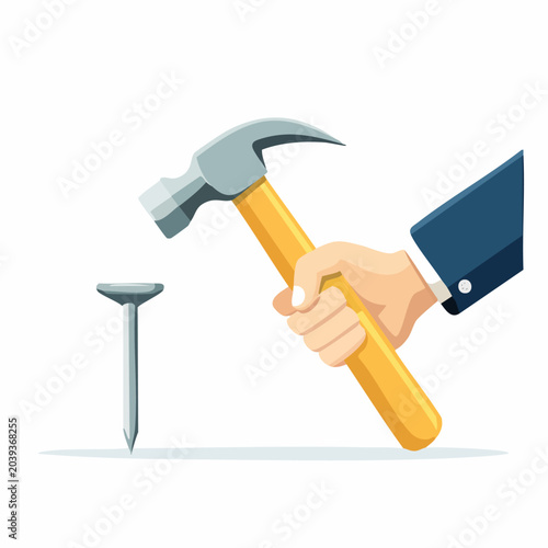 Hand holding hammer hitting nail on white background.