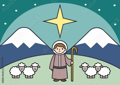 Shepherd guiding three sheep under a bright starry night sky with mountains