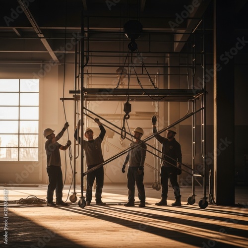 Construction Crew Assembling Scaffold Frame in Large Sunlit Industrial Structure