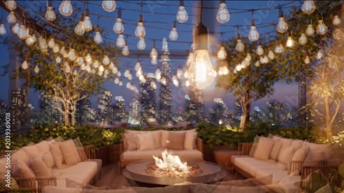 Rooftop Garden with Elegant Hanging Light Decorations