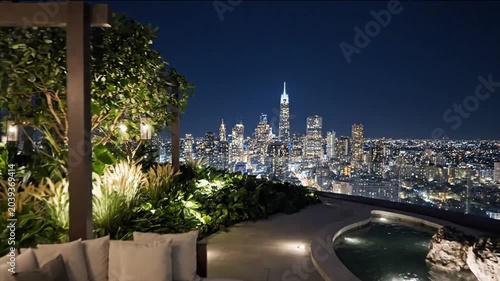 Ultra Luxury Rooftop Garden with Night Skyline Glow
