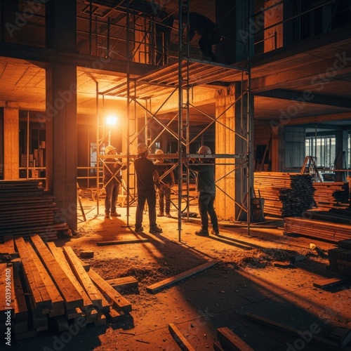 Construction Crew At Work Inside The Building Structure With Scaffolding and Materials