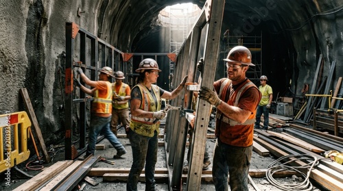 Construction Crew At Work Inside Tunnel Constructing Infrastructure Underground