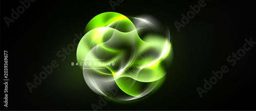 Obraz na plátně Abstract luminous shapes overlap, creating vibrant green glow against dark backdrop