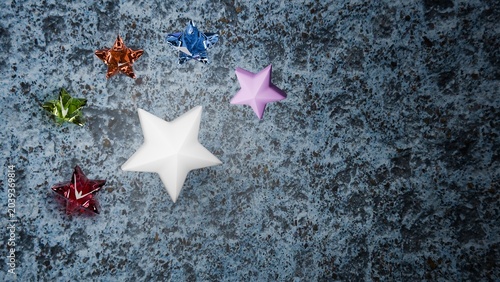 Photography Abstract 3D illustration featuring a large matte white star surrounded by smaller colorful crystal stars on the left side, set against a dark blue textured stone background with vignetting