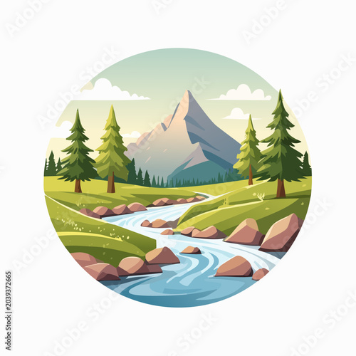Mountain Landscape with River and Pine Trees Illustration.