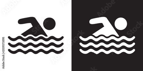 Photos Minimalist Icon of Swimmer Silhouette with Water Waves - Modern Professional Swi