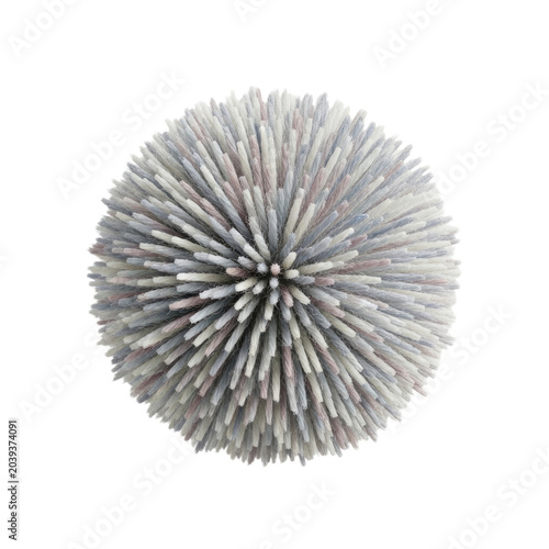 Close-up of a spiky grey spherical object on a white background.