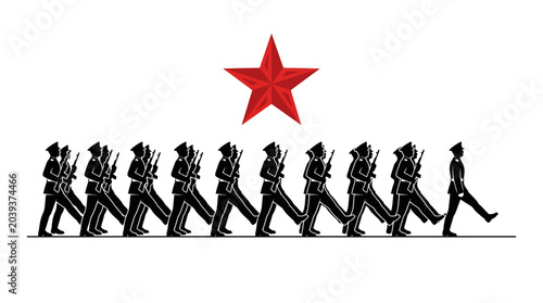 Fotografía Marching Soldiers Silhouette with Red Star Symbol
