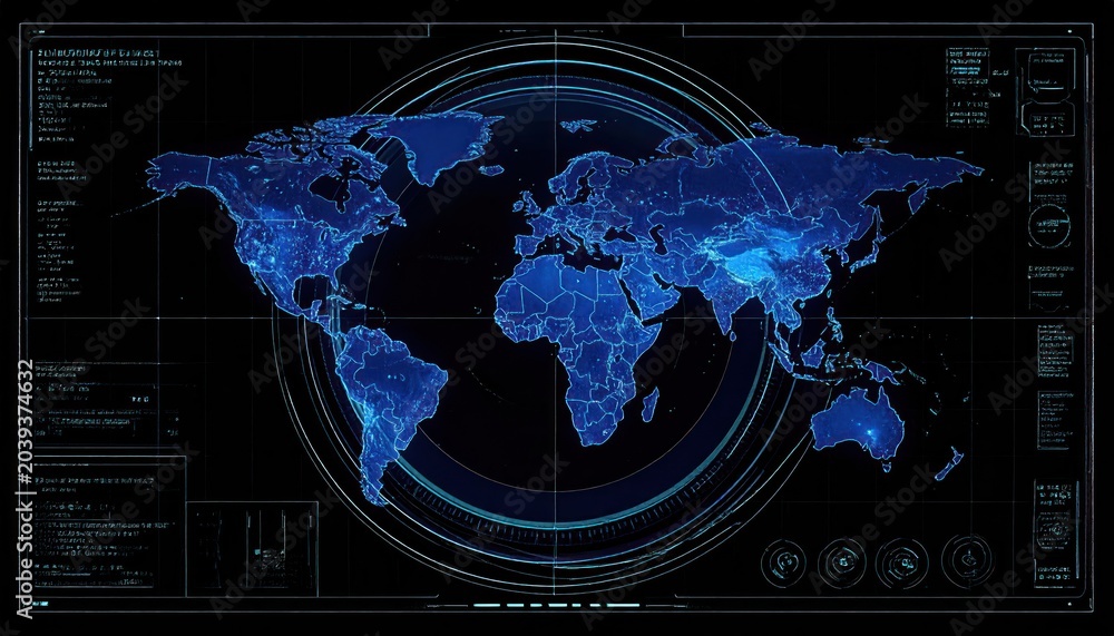 Fototapeta premium Global Network Map - Digital World Map with Blue Lights and Data Connections