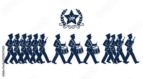 Photos Military Band Marching with Drums and Rifles, Emblem Overhead