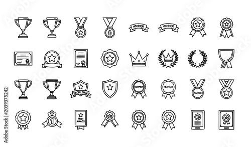 Obraz na plátně Awards and Achievement Outline Icons Set with Trophy Medal Ribbon and Recognitio