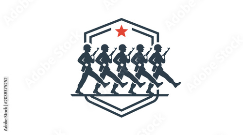 Принти на полотні Military Marching Soldiers Silhouette Emblem with Red Star