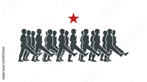 Foto Military Marching Soldiers Silhouette with Red Star Icon