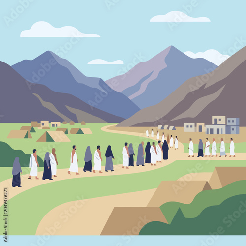 Foto A group of people walking along a path near mountain ranges