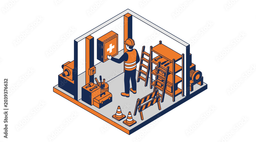 Naklejka premium Warehouse worker organizing safety equipment and supplies