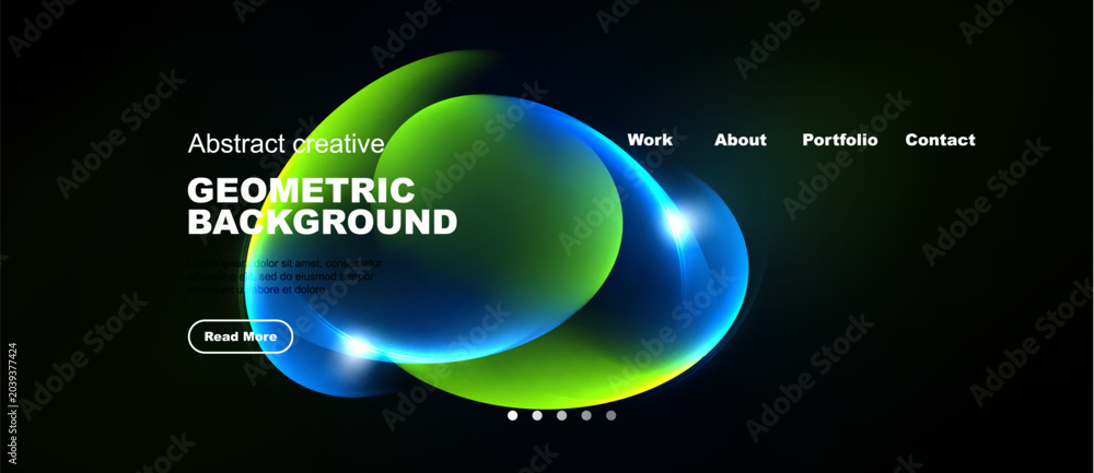 Obraz premium Dark background features vibrant green, blue shapes. Website header includes navigation options, text, button. Modern design, abstract elements present.