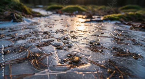 Close-up of Frozen Ice Sheet with Pine Needles and Sunlight Reflection