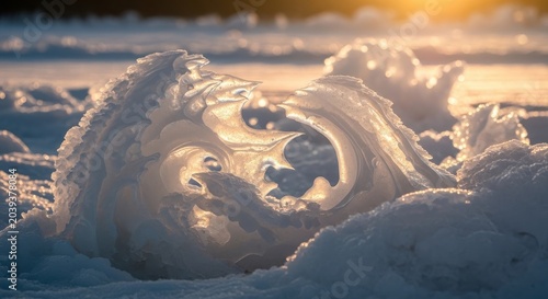 Intricate Ice Sculpture Illuminated by Sunlight in Winter