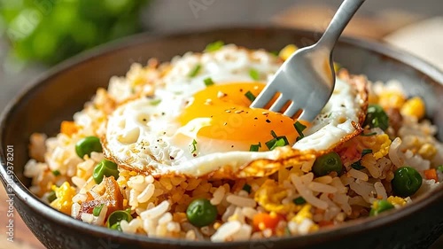 A bowl of savory fried rice topped with a freshly cooked sunny side up egg