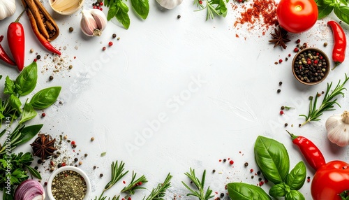 A variety of herbs and spices surround a blank space on a white surface with vegetables.