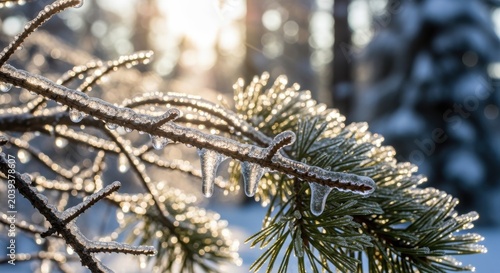 Ice-Covered Pine Branch Glinting in Winter Sunlight
