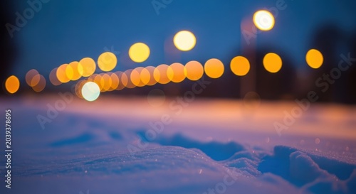 Soft winter bokeh lights illuminate a snowy night scene