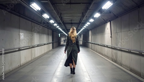 Woman walking alone in dark concrete tunnel, back view, dramatic lighting