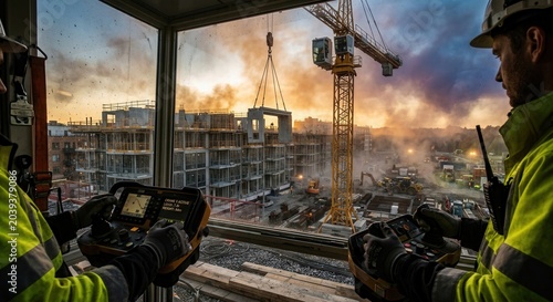 Construction Crew Operating Crane, Panoramic View of A Building Under Construction Site