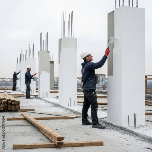 Construction Crew Painting Concrete Columns On A Building Site Under Overcast Skies