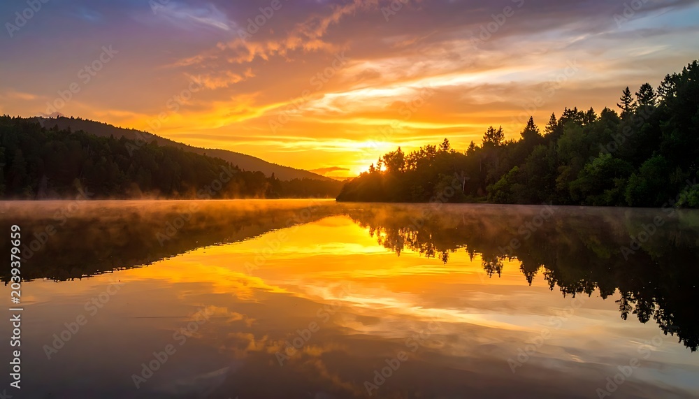 Fototapeta premium A serene lake at sunset with vibrant orange and yellow hues