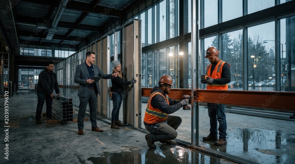 Fototapeta premium Construction Team Collaborating on Building a New Structure with Modern Design