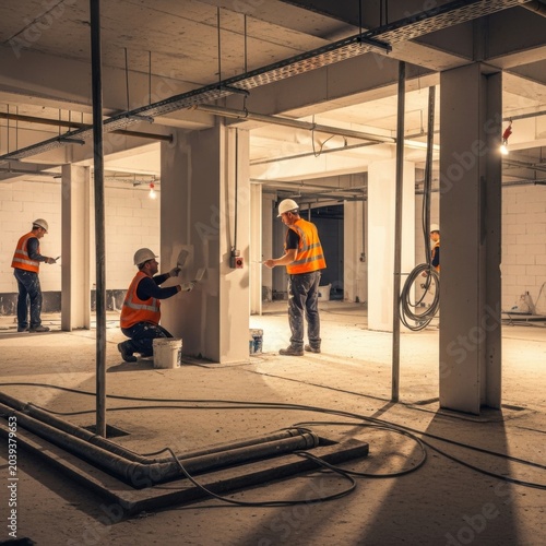 Construction Crew Painting Interior Walls And Columns In An Emerging Commercial Building