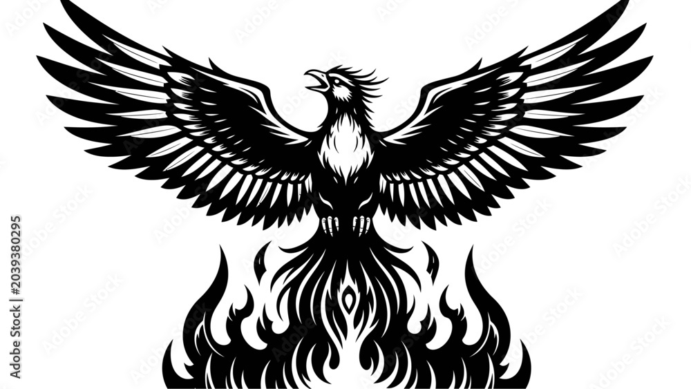 Fototapeta premium Black and White Phoenix Rising from Flames Vector Illustration