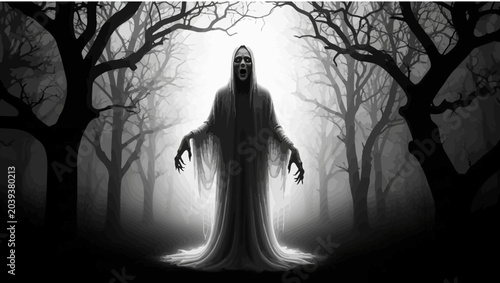 Obraz na plátně Eerie Ghostly Figure in Dark Haunted Forest