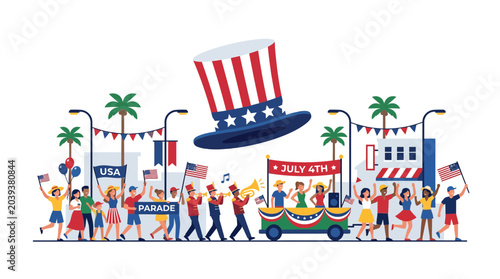 Schilderij op canvas 4th of July Parade with Uncle Sam Hat and Diverse Crowd