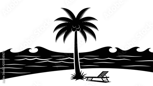 Tableau sur toile Minimalist Black and White Palm Tree Beach Scene with Lounge Chair