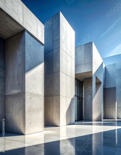 Modern Concrete Structure Under Sunlight: A striking modern building composed of large, minimalist concrete elements stands against a clear blue sky, casting sharp shadows on a polished white surface.