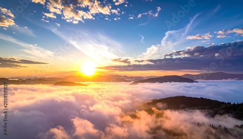 Dreamy landscape with sun above a cloud-covered valley and distant hills under a blue sky with streaks of clouds