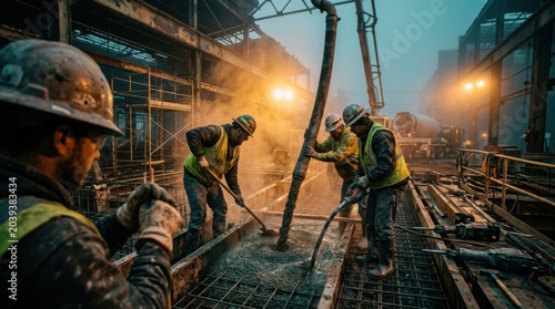 Construction Crew Pouring Concrete on a Building Site with Incandescent Lighting
