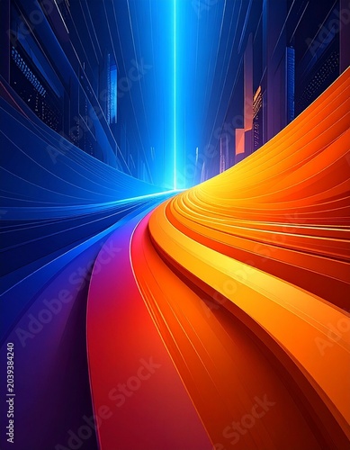 Futuristic Light Tunnel: An abstract digital art piece depicting a vibrant, dynamic tunnel of light, blending blues, oranges, and reds, suggesting speed and technological advancement.